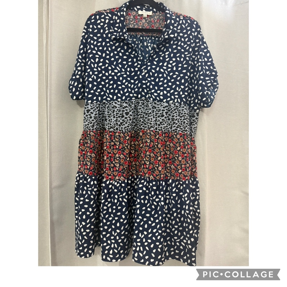 Umgee Navy, White, Gray, Red Mixed-Print Tiered Mini Dress